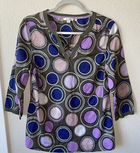 Boden Crinkle Tunic Brown Purple Blue Dots 3/4 Sleeve Size 10 Cotton - Picture 1 of 8