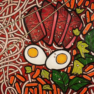 Giclee fine art print of Ramen noodle beef, mixed media art 10"×10", 20"×20" - Picture 1 of 4