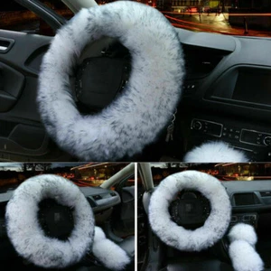 Universal 3Pcs Warm Soft Fur Wool Furry Fluffy Thick Car Steering Wheel Cover - Picture 1 of 5