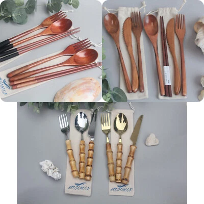 Reusable Wooden Bamboo Cutlery Set Fork Spoon Chopsticks In Pouch Ramen Set - Image 1 of 4