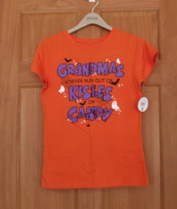 Women’s Orange Halloween Shirt GRANDMAS NEVER RUN OUT OF KISSES OR CANDY Size S - Picture 1 of 4