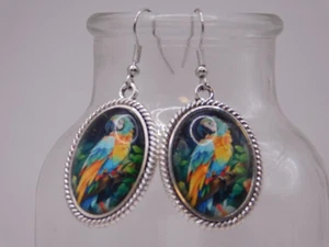 Metal & Glass Pierced Dangle Earrings, Beautiful Parrot Macaw, 1" - Picture 1 of 4