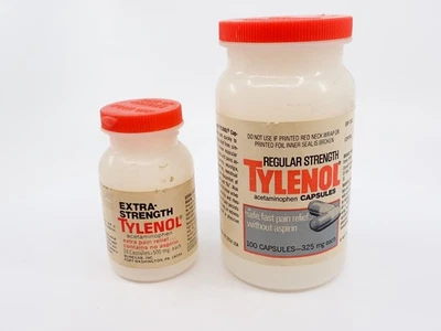 Vintage 1980s Tylenol Bottles Regular & Extra Strength Empty Display Prop Decor - Image 1 of 4