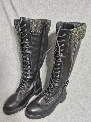 Botas hasta la rodilla de combate negras para mujer talla 9,5 suéter con cordones puño imitación cuero Foto 1 de 4