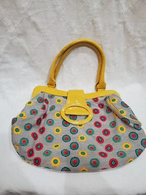 Cato Hobo Style Handbag Purse Vinyl Yellow Handles With Colorful Fabric Body - Image 1 of 4