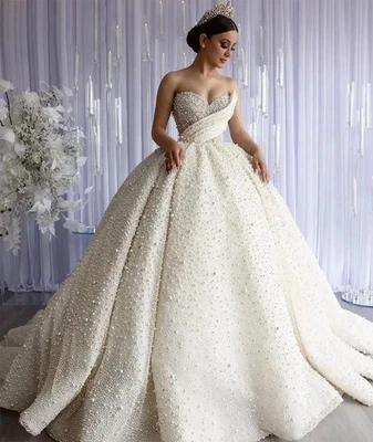 Luxury Pearls Beading Sweetheart Wedding Dresses Princess Sleeveless Bride Gowns - Image 1 of 4