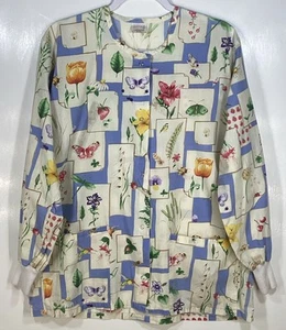 Chaqueta Médica Top Mujer Talla M Mediana Jardín Flores Colibríes Mariposa Abrigo - Imagen 1 de 5