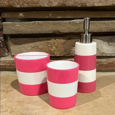 Pottery Barn Kids Nautical Stripe Pink and White Bathroom Cups and Soap Pump Set - Image 1 of 4