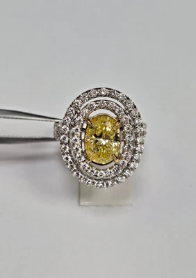Anillo T/T Oro Blanco 18K Doble Halo Diamante Ovalado Amarillo Elegante 3.04ct Natural. Foto 1 de 4