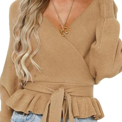 Zesica Wrap Camel Brown Ruffle Belted Waist Knited Sweater Size Medium - Image 1 of 4