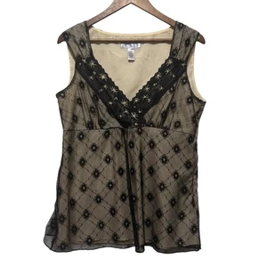 Nine Co By Nine West Top 12 Beige Black Lace Overlay Embroidered Whimsigoth - Picture 1 of 5