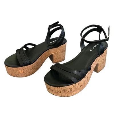 Torrid Cork Platform Black Faux Leather Strappy Sandals Size 7WW - Image 1 of 4