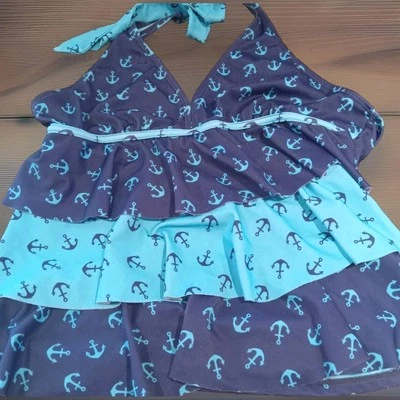 Justice Swim размер 18 1/2 бирюзовые и синие якоря танкини только верх XXL - Изображение 1 из 4