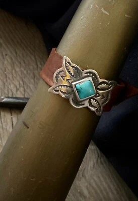 Sterling Silver Concho Bracelet Leather & Natural Turquoise Retail $475 - Image 1 of 4