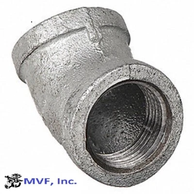 1-1/4" 150 Female NPT 45° Elbow Galvanized Malleable Iron Pipe Fitting MI020741G - Image 1 of 4