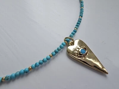 DAINTY HANDMADE Natural TURQUOISE Gems 2mm Necklace With EVIL EYE Amulet GOLDEN - Image 1 of 4