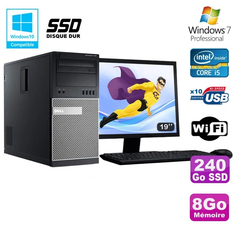 Lote Pc Tour Dell 7010 I5-3470 3.2Ghz 8Go 240Go Ssd Dvd Wifi Win 7 + Pantalla 19 - Imagen 1 de 1
