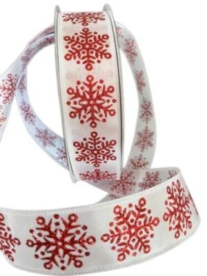 1.5" X 50 Yds - Premium Wired Ribbon White W/Red Glitter Snowflakes MEGA ROLL - Image 1 of 2
