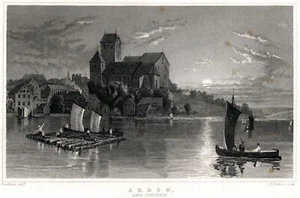 1840 Original Antique Steel Engraving ARBON LAKE CONSTANCE Swiss vintage print - Picture 1 of 3