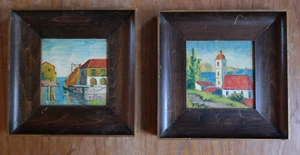 Vintage Original Ölgemälde Paar Meer Landschaft Mittelmeer Dorf gerahmt  - Bild 1 von 6