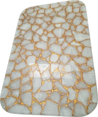 Adorable White Agate Stone Dining Table with golden Gemstone Cafeteria Table Top - Image 1 of 4