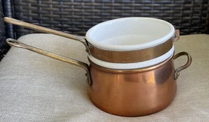 Vintage Copper Brass & Porcelain Double Boiler Pot Old Dutch - Picture 1 of 10