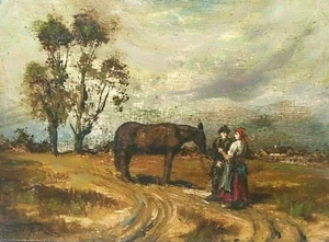 LISTED HUNGARIAN MIKULAS SZEMERE-SMRTNIK Sd ORIG OIL on WOOD FIGURES w/ HORSE - Picture 1 of 9
