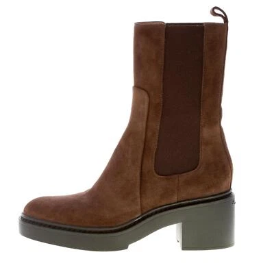 SANTONI Mujer Zapatos Marrón Gamuza Fina Cuero Becerro-Alto Chelsea Bota Tacón 5,5 cm Foto 1 de 4