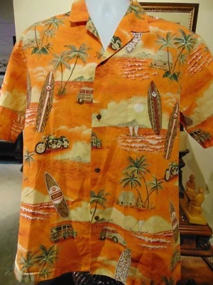 Camisa hawaiana Royal Creations Hawaii para hombre tablas de surf, palmeras motocicleta L Foto 1 de 4