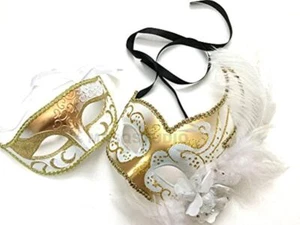 Couple Masquerade Feather Mask Pair Feather Dress up Birthday Party Prom Wedding - Picture 1 of 7