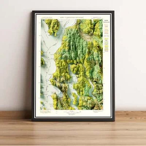 Seattle Map, Seattle 2D Relief Map, Washington Vintage Map - 2D Flat Print - Picture 1 of 8
