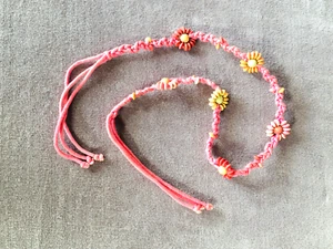 Macrame Belt Headband Vintage 32 Inch Pink with Wooden Natural Colored Beads - Picture 1 of 6