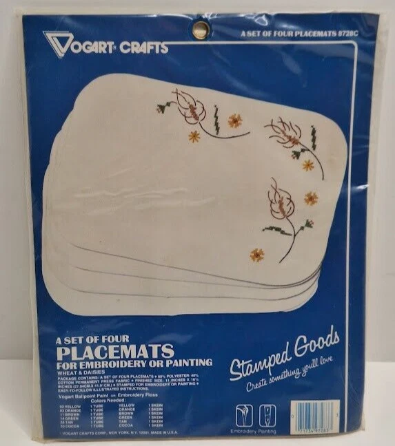 VINTAGE VOGART CRAFT SET OF 4 PLACEMATS  STAMPED Roses WHEAT & DAISIES 8728C - Image 1 of 4