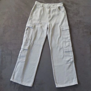 SHEIN Cargo Pants Womens L Beige Cotton High Waist Wide Leg Baggy Pockets Preppy - Picture 1 of 21