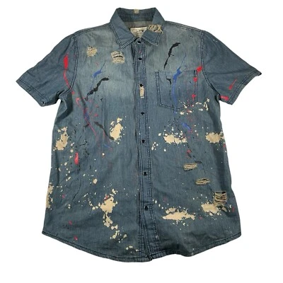 Bleecker Mercer Snap Button Shirt S Mens Denim Paint Splatter Distressed Graphic - Image 1 of 4
