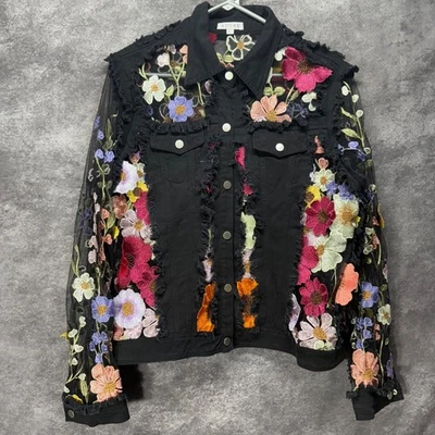 ADORE Chaqueta Denim Negra Mujer L Floral Bordada Malla Transparente 3D Flores Hada Foto 1 de 4