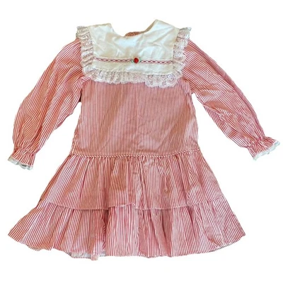 Vestido Bryan Vintage Años 80 Rojo Blanco Rayas Encaje Volantes Niñas Talla 5 EE. UU. Cottagecore Foto 1 de 4