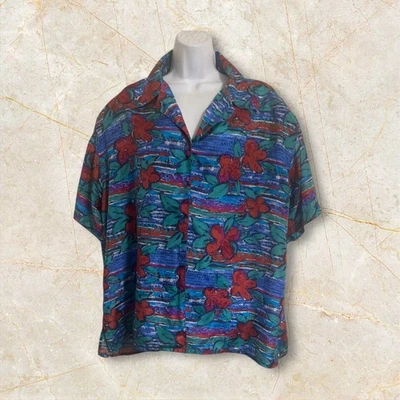 复古 BOGARI 女式尺寸 1X 100% 真丝领纽扣花卉罩衫 — 第 1/4 张图片