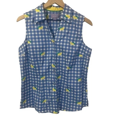 Blusa Laura Scott Azul Blanco Guinga Abotonada Estampado Limón Sin Mangas Talla M Foto 1 de 4