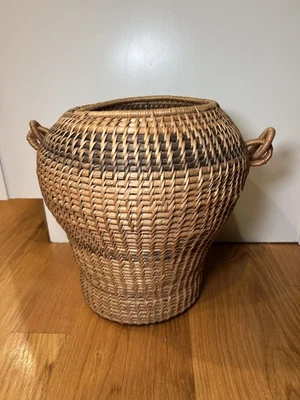 Vintage Handwoven Wicker Basket Jar Large 12" Boho Decor Storage with Handle - Image 1 of 4