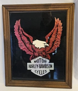 Specchio retrovisore vintage Harley Davidson moto 23" x 19,5" lamina anni 80 cornice legno - Foto 1 di 7