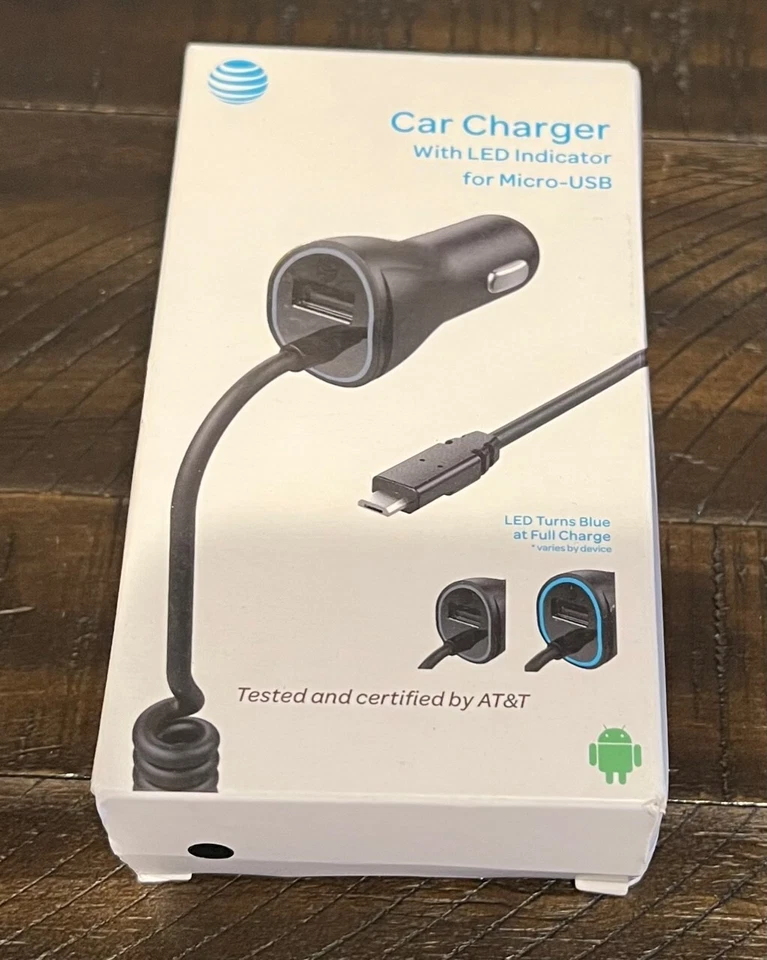 AT&T FAST 3.4amp Coiled Micro-USB Car Charger + EXTRA USB-A w' LED Indicator - Image 1 of 1