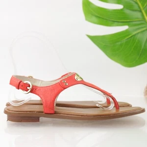 Michael Kors Womens MK Plate Sandal Size 6 Coral Red Leather Thong Slingback - Picture 1 of 12