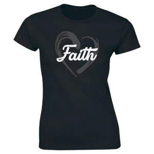 Faith with Heart Image Crew Neck T-Shirt for Women Christian Catholic Tee - Picture 1 of 2