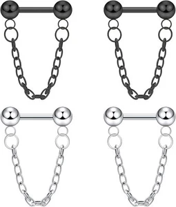 4pcs Stainless Steel Nipple Rings Barbell Chain Body Piercing Jewelry 14g - Picture 1 of 15