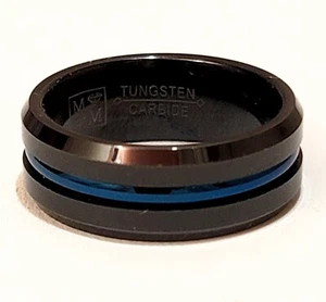 Tungsten Carbide Mens Wedding Ring Band Blue Middle Size 8 with a Black Ring Box - Picture 1 of 9