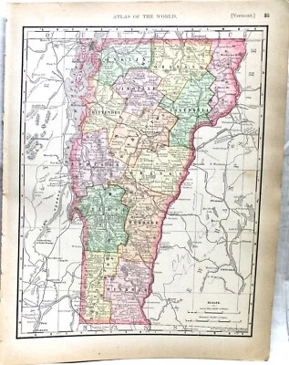 RAND MCNALLY ATLAS MAP PAGE VERMONT RHODE ISLAND MASSACHUSETTS 1892 VINTAGE - Image 1 of 4