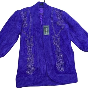 New Purple Embroidered Beaded Angora Rabbit Hair Cardigan Sweater Easter Royalty - Picture 1 of 14