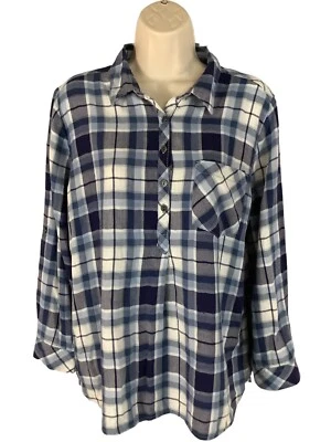 Sonoma Womens PL Flannel Long Roll Tab Sleeve 1/2 Button Blue White Plaid Pocket - Image 1 of 4