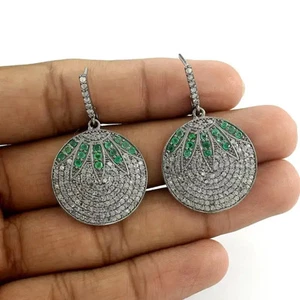 Pavé de Diamante Esmeralda Pendiente Disco Redondo 925 Plata Ley Joyería Fina - Imagen 1 de 6